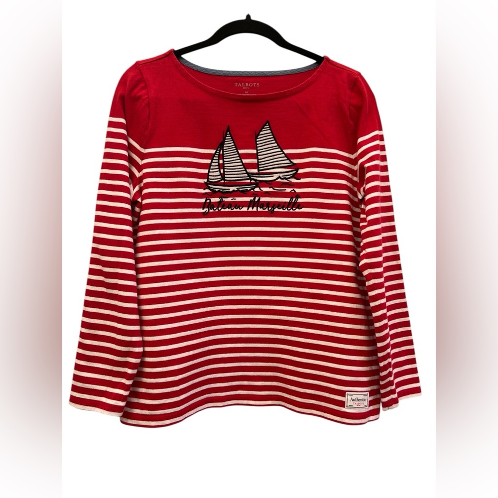 Talbots Petite Nautical Stripe Sailboat Graphic Top Red LP